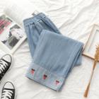 Band-waist Strawberry Embroidered Straight-cut Cropped Jeans Light Blue - One Size