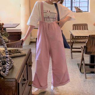 Elbow-sleeve T-shirt / Wide-leg Suspender Pants