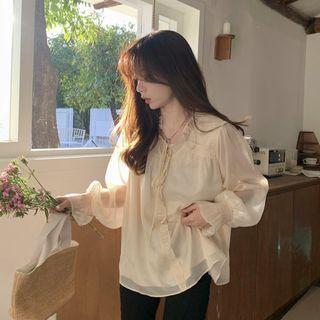 Tie-neck Ruffle Trim Blouse Beige - One Size