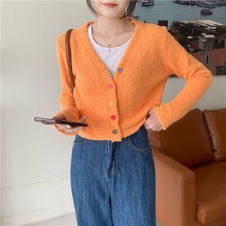 V-neck Plain Woolen Button-up Cardigan
