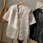 Set: Short-sleeve Collarless Blazer + Flower Mesh Vest