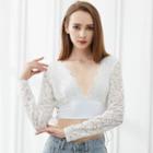 Long Sleeve V-neck Side-drawstring Lace Cropped Top