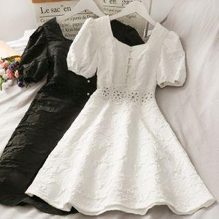 Embossed Eyelet-waist A-line Dress