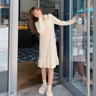 Long-sleeve Collared Ruffled Dress