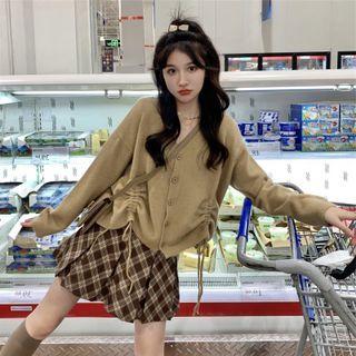 Drawstring Cardigan / Plaid Pleated Mini A-line Skirt