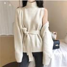 Set: Plain Turtleneck Knit Tank Top + Loose-fit Cardigan