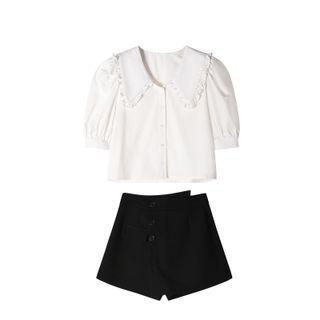 Frill Collar Short Sleeve Shirt / High Waist Culottes