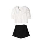 Frill Collar Short Sleeve Shirt / High Waist Culottes