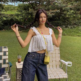 Sleeveless Frilled Eyelet-lace Crop Top Ivory - One Size