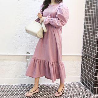 Puff-shoulder Ruffle-hem Maxi Dress