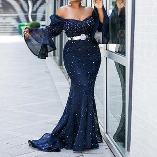 Long-sleeve Off-shoulder Beaded Mesh Maxi Mermaid Dress
