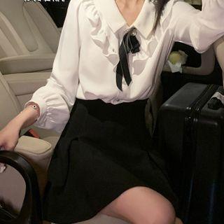 Collared Ruffled Ribbon Tie-neck Chiffon Blouse