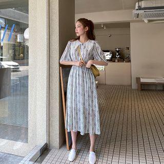 Lace-collar Floral Print Dress Mint Green - One Size