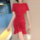 Short-sleeve Drawcord Frill Trim Mini Dress