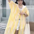 Striped Hooded Elbow-sleeve Long Shirt