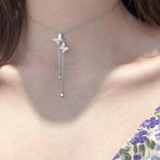 925 Sterling Silver Rhinestone Butterfly Pendant Choker As Shown In Figure - One Size