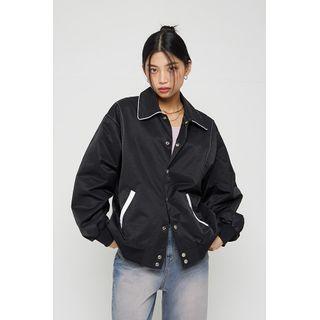 Couple Collared Contrast-trim Varsity Jacket