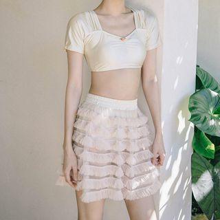 Set: Short-sleeve Tankini + Mesh Panel Swim Skirt