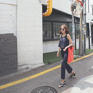 Set: Sleeveless Linen Blend Top + Boot-cut Pants