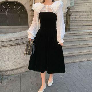 Ruffle Trim Blouse / Spaghetti Strap Midi A-line Dress
