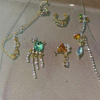 Set: Rhinestone Drop Earring + Ear Cuff Set Of 5 - Gold & Yellow & Green - One Size