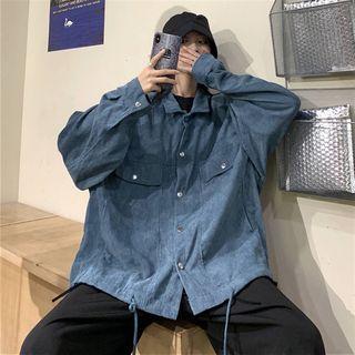 Drawstring Hem Corduroy Button Jacket Blue - One Size