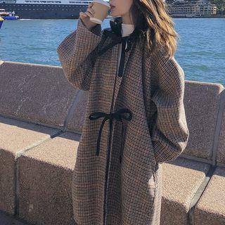 Houndstooth Hooded Tie-waist Coat