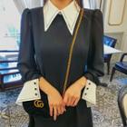 Contrast-collar Sheer-sleeve A-line Dress