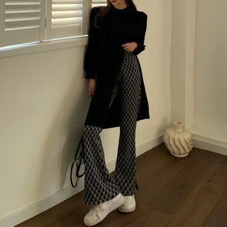Long-sleeve Slit-hem Tunic T-shirt / Print Boot-cut Pants