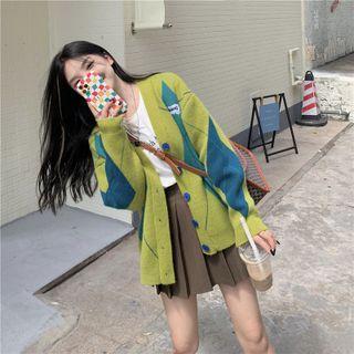 Lettering Embroidered Argyle Cardigan Green - One Size