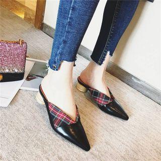 Plaid Panel Chunky-heel Pointy-toe Mules