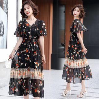 Set: Short-sleeve Floral Print Midi A-line Chiffon Dress + Slipdress