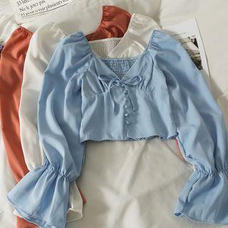 Boatneck Ribbon-front Crop Blouse In 5 Colors