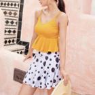 Set: Ruffle Hem Spaghetti Strap Tankini Top + Dotted Swim Skirt