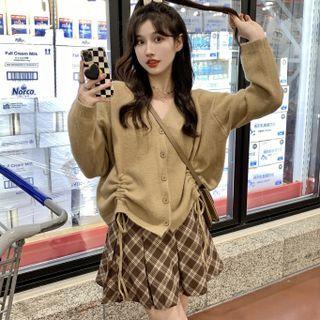 V-neck Drawstring Cardigan / Plaid Pleated Mini A-line Skirt