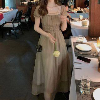 Short-sleeve Embellished Tie-waist Midi A-line Dress