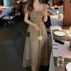 Short-sleeve Embellished Tie-waist Midi A-line Dress