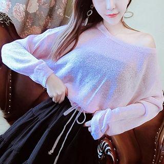 Glittered Drawstring Long-sleeve Knit Top