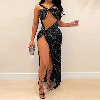 Rhinestone Halter Sleeveless Cut-out Side-slit Sheath Dress