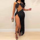 Rhinestone Halter Sleeveless Cut-out Side-slit Sheath Dress