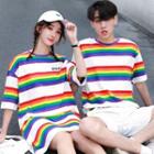 Couple Matching Striped Short-sleeve T-shirt / Elbow-sleeve T-shirt Dress
