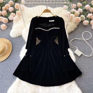 Square-neck Rhinestone Cutout Long-sleeve Dress