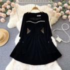 Square-neck Rhinestone Cutout Long-sleeve Dress