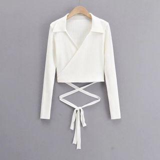 Collared Wrap Crop Knit Top