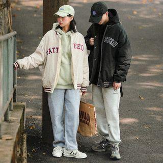 Reversible Lettering Print Fleece Baseball Jacket