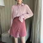 Plaid Long-sleeve Blouse / Button Front A-line Skirt