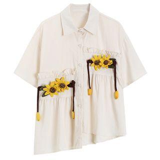 Short-sleeve Flower Detail Asymmetrical Shirt