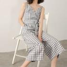 Spaghetti Strap Gingham Wide-leg Cropped Jumpsuit Plaid - Black & White - One Size