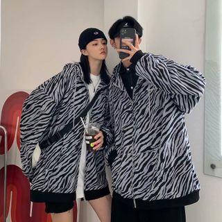 Couple Matching Zebra Print Zipped Hooded Jacket