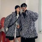 Couple Matching Zebra Print Zipped Hooded Jacket